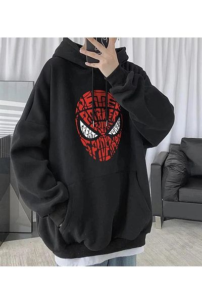 Gofeel REDLO Y2k Oversize Loose Unisex Φούτερ με κουκούλα Spider-Man με στάμπα