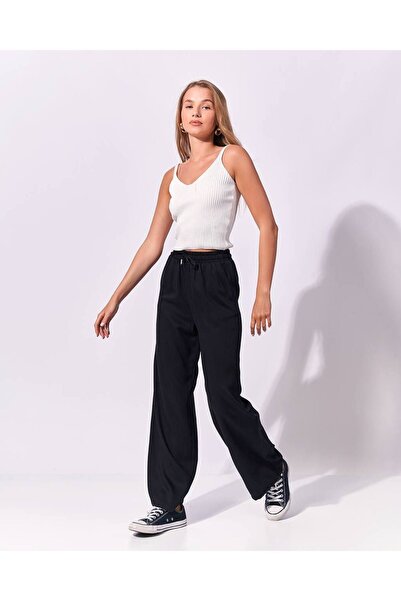 FEMİAS Cotton Tnsel Black Pocket & Elastic Waist Trousers