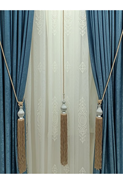 MGEHOME Fon Perde Tavan Bağlama Püsküllü Braçol Set