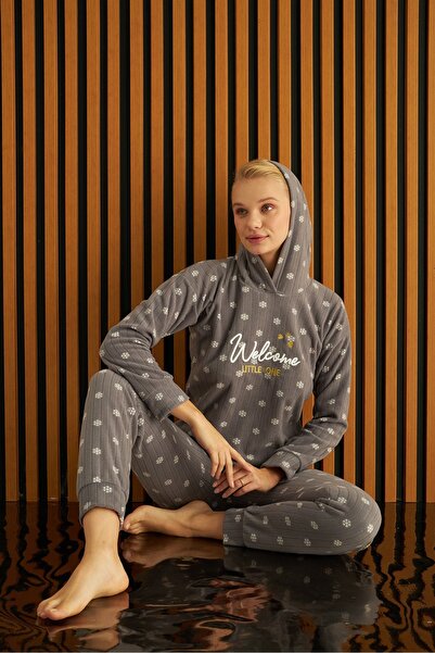 Pijamoni tissue Kapüşonlu Polar Kadın Pijama Takımı