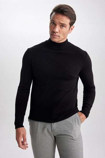 DeFacto Schwarzer Slim-Fit-Slim-Fit-Pullover mit halbem Rollkragen, Basic-Solid-Strickpullover R1127az23wn