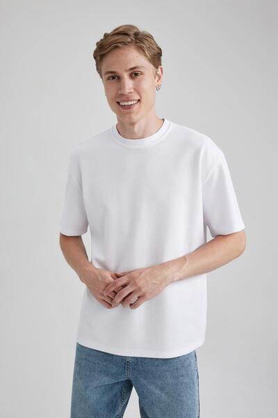 DeFacto Oversize Wide Fit Crew Neck Short Sleeve Basic Plain Heavy Fabric T-Shirt X3926Az23Au