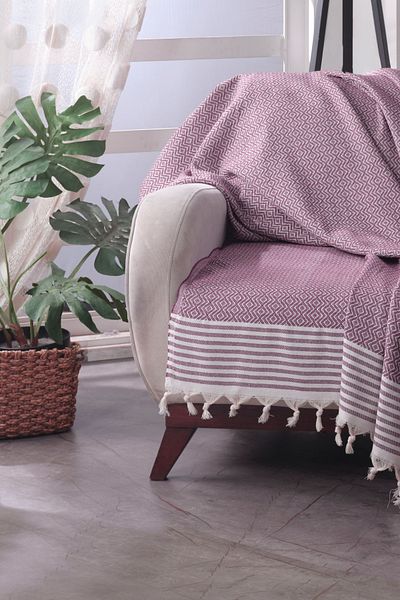Lux Touch Bergama Plum Buldan - șal pentru canapea din bumbac și husă pentru canapea extensibilă 180x200cm