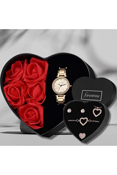 Forentina Rose Metal Kol Saati Güllü Kutuda - Rose Kalpli Kolye Bileklik Küpe...