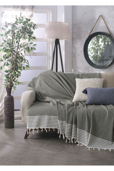 Lux Touch 180 x 200 cm Bergama Khaki Sofa Cover - Cotton Throw, Sofa Sofa Bed Cover