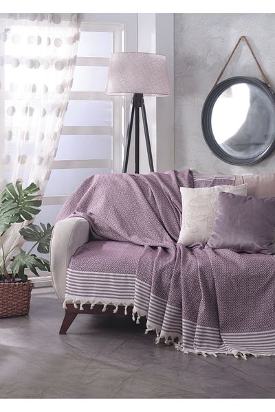 Lux Touch Bergama Plum Buldan - șal pentru canapea din bumbac și husă pentru canapea extensibilă 180x200cm