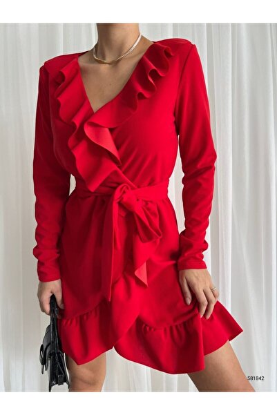 Trendusfashion Kétsoros galléros hosszú ujjú krepp szövet ruha