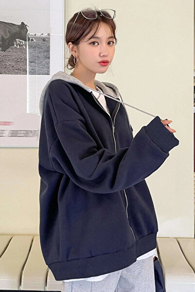 MODAGEN Unisex-Strickjacke in Marineblau und Grau mit Kapuze und Reißverschluss