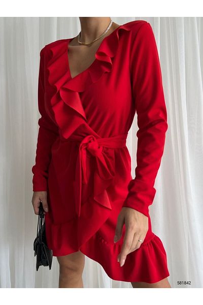 Trendusfashion Rochie din material crepon cu maneci lungi, cu decolteu dublu