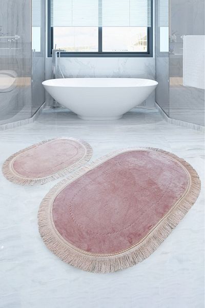 Bonny Home Σετ χαλάκι μπάνιου Pera Powder 2 τεμαχίων, αντιολισθητική βάση, σετ τουαλέτας με φούντες