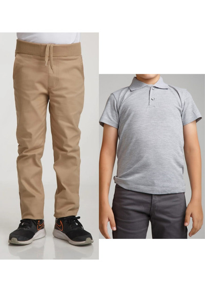 BLUEMOOR Unisex dečije rebraste pantalone sa strukom Lan bež boje + polo ovra...