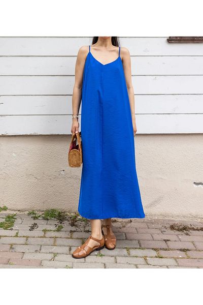 Laluvia Rochie casual albastra cu bretele reglabile