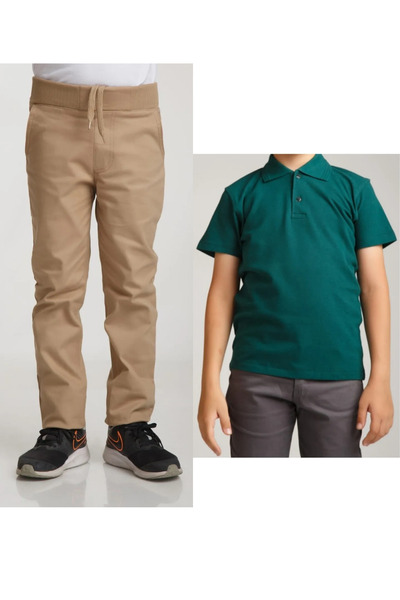 MaviMoure Unisex dečije rebraste pantalone sa strukom Lan bež boje + polo ovr...