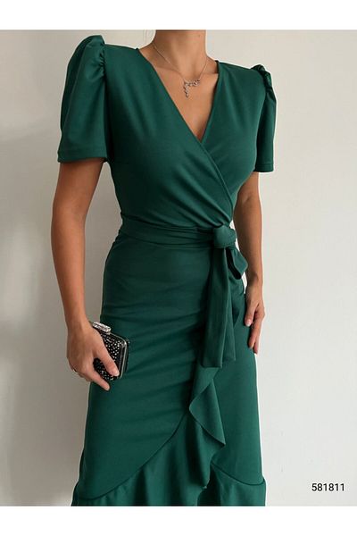 Trendusfashion Κοντό μανίκι Πράσινο Μίντι Φόρεμα Νέας σεζόν Κρεπ ύφασμα