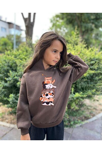 MORNİNG KİDS Кафяв суитшърт с качулка за момичета с щампи „Палави котки“.