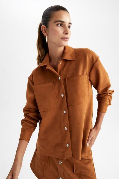 DeFacto Oversize Fit Gömlek Yaka Süet Uzun Kollu Gömlek