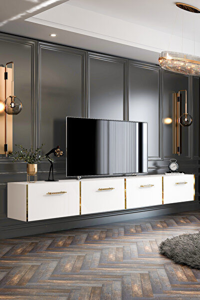 Givayo Mobilya Maria Tv Ünitesi Duvara Monte/ Ayaklı Kullanım 240 cm Beyaz-Altın