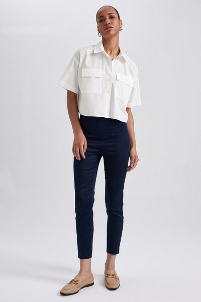 DeFacto Navy Blue Satin Cigarette Pants - Regular Waist, Elastic Straight Leg J8743Az23Wn