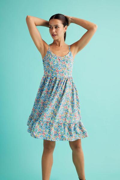 DeFacto V-neck Strap Floral Patterned Mini Dress U3372az23hs