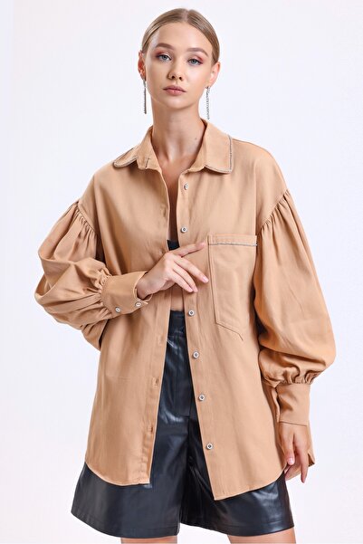 MD trend Γυναικείο πουκάμισο με μανίκια Camel Balloon Stone Λεπτομερές Oversize Gabardine Jacket