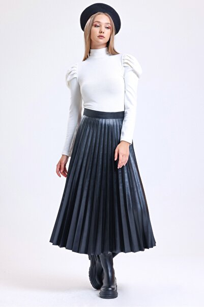 MD trend Women's Black Pleated Side Zipper Premium Leather Skirt