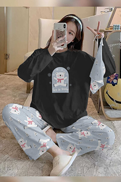 PEMBİŞ HOMEWEAR Super Soft Bahd Bear Black Women's Pajama Set - 3008