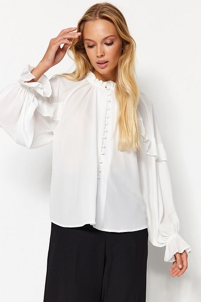 Trendyol Collection Ecru Sleeves Flounced Stojací límec Oversize/Wide Fit Woven Shirt TWOAW24GO00070