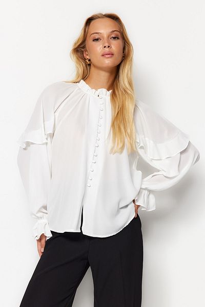 Trendyol Collection Ecru Sleeves Flounced Stojací límec Oversize/Wide Fit Woven Shirt TWOAW24GO00070