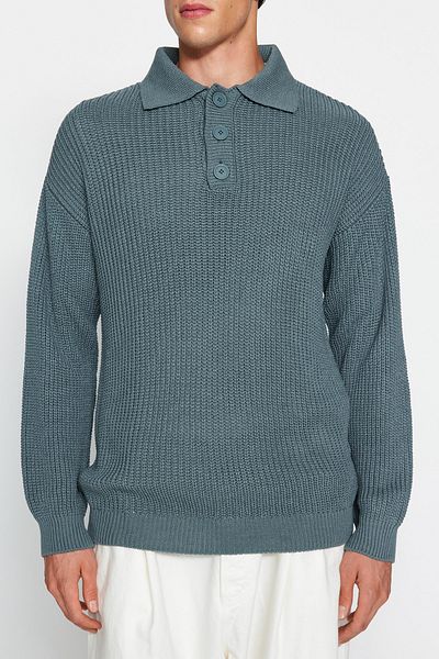 Trendyol Collection Unisex-Pullover in Petrol, Oversize-Passform, breite Passform, Polokragen, pillingfrei, Basic-Strickpullover TMNAW24KZ00000