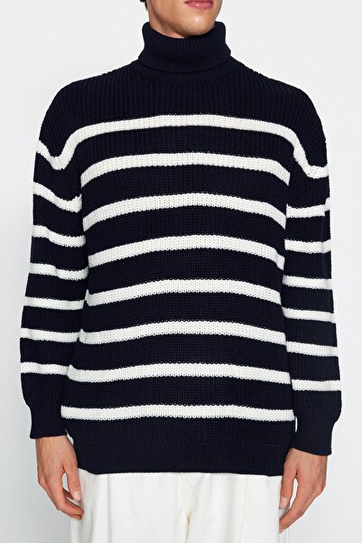 Trendyol Collection Uniszex sötétkék túlméretes csíkos kötöttáru pulóver - TMNAW24KZ00017