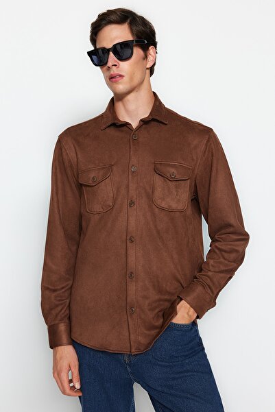 Trendyol Collection Hnědá semišová zimní bunda střihu Regular Fit s dvojitou kapsou Tmnaw24Go00033