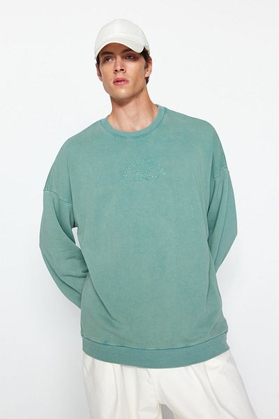 Trendyol Collection Πράσινο φούτερ 100% βαμβακερό υπερμεγέθη/φαρδιά κοπή παλαιωμένο/χαλαρό κέντημα με γράμματα TMNAW24SW00086