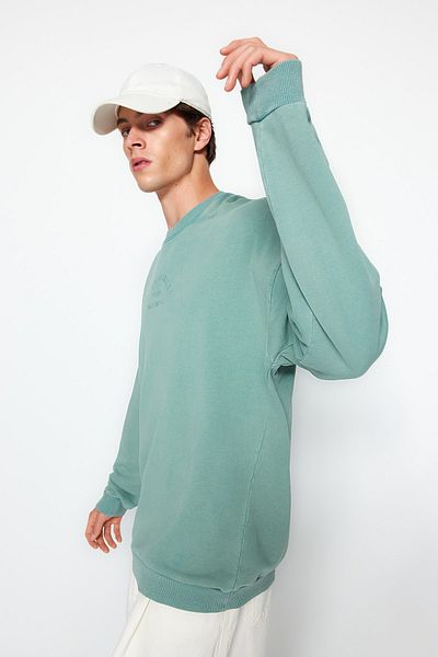 Trendyol Collection Πράσινο φούτερ 100% βαμβακερό υπερμεγέθη/φαρδιά κοπή παλαιωμένο/χαλαρό κέντημα με γράμματα TMNAW24SW00086