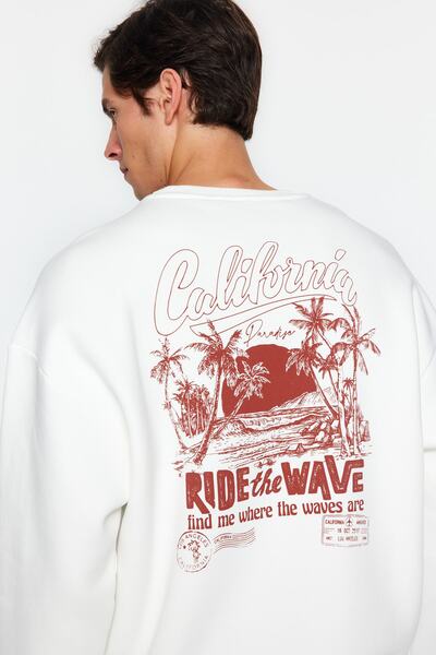 Trendyol Collection Trópusi nyomott ekrü pamut oversize pulóver - polár TMNAW24SW00125