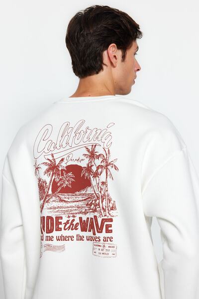 Trendyol Collection Trópusi nyomott ekrü pamut oversize pulóver - polár TMNAW24SW00125