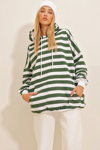 Trend Alaçatı Stili Women's Green Hooded Striped Oversize Sweatshirt ALC-X10797