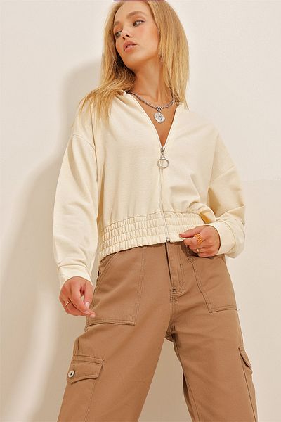 Trend Alaçatı Stili Women's Cream Hooded Zippered Crop Sweatshirt ALC-X10795