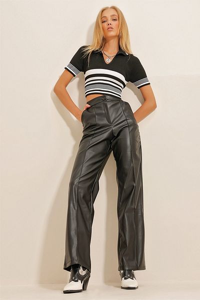 Trend Alaçatı Stili Pantaloni palazzo din piele artificială cu buzunare dublu în față, negri, mozaic ALC-X10787