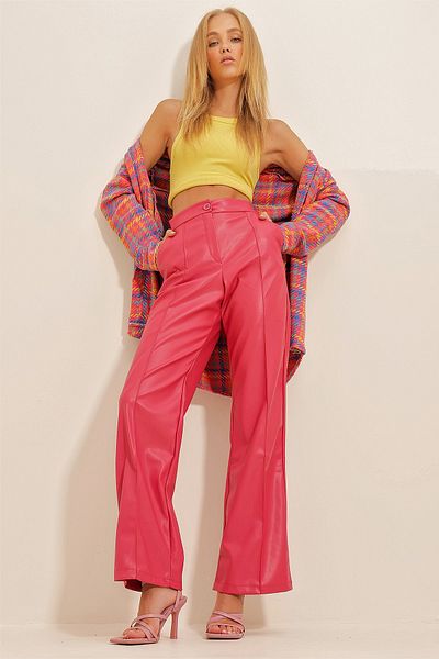 Trend Alaçatı Stili Damen-Palazzo-Hose aus Kunstleder in Fuchsia-Blau mit doppelter Tasche vorne ALC-X10787