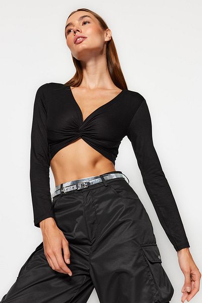 Trendyol Collection Μαύρος κόμπος Λεπτομερής Εφαρμοσμένη Πλεκτή Μπλούζα με λαιμόκοψη σε Crop TWOSS21BZ0444