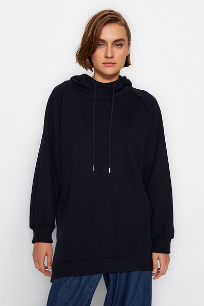 Trendyol Collection Sötétkék kapucnis Oversize bordás kötött pulóver