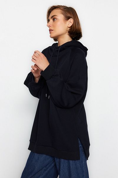 Trendyol Collection Sötétkék kapucnis Oversize bordás kötött pulóver