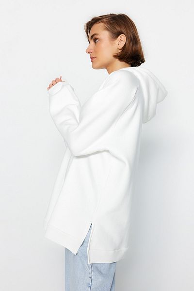 Trendyol Collection Ecrufarbenes, übergroßes Sweatshirt aus Rippstrick mit Kapuze