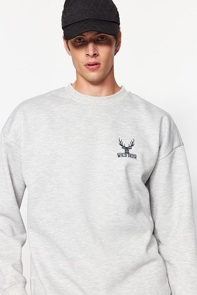 Trendyol Collection Langärmliges, übergroßes Sweatshirt mit Stickerei in Graumeliert - TMNAW24SW00164