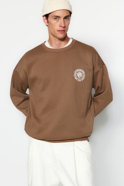 Trendyol Collection Кафява широка блуза с флорални бродерии, подплата от флис и топла памучна подплата TMNAW24SW00012