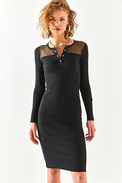 Olalook Γυναικείο Μίνι φόρεμα από μαύρο τούλι με κούμπωμα Lycra ELB-19001967
