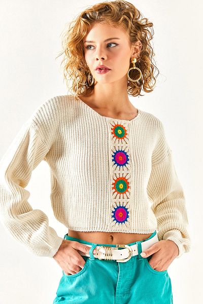 Olalook Women's Ecru Color Detailed Knit Sweater KZK-19000606