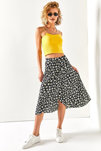 Olalook Жіноча чорна спідниця-конверт з великими ромашками ETK19000154