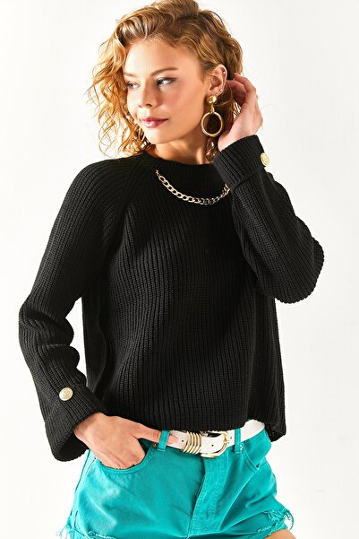 Olalook Women's Black Necklace Cuff Buttoned Raglan Sleeve Knitwear Sweater KZK-19000609