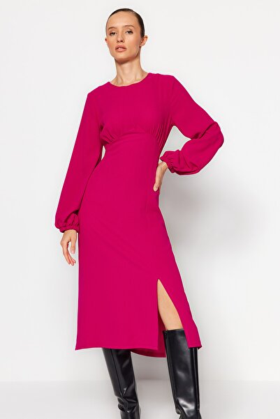 Trendyol Collection Fukszia Midi hosszú, nyitott ujjú szőtt ruha - ballon ujjú részlet, TWOAW24EL00423